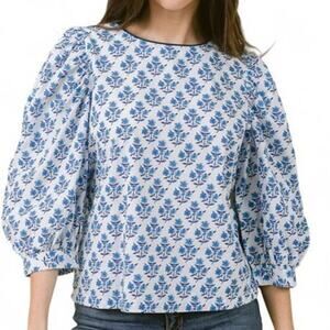 LAROQUE Darby Blue Bouquet Cotton Top 3/4 Puff Sleeve Medium M NWT Floral New